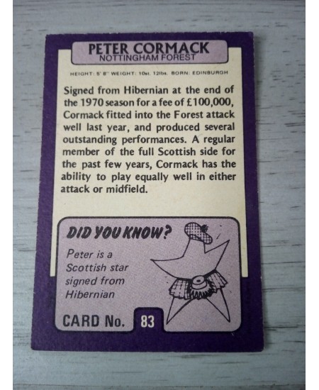 PETER CORMACK NOTTINGHAM AB&C FOOTBALL TRADING CARD 1971 RARE VINTAGE